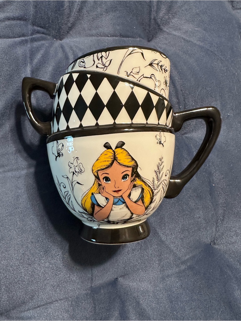 Alice in Wonderland Black & White Stackable Mug Set with Yellow Accent